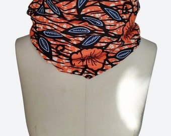 Wax print snood, orange, handmade in France, fleece, for warmth, winter, African print, fashion, vegan
