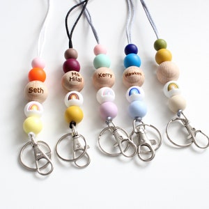 Personalised Rainbow Engraved Lanyard, Beaded Lanyard, Badge Holder, Breakaway Lanyard, Teacher Lanyard, Teacher Gift,