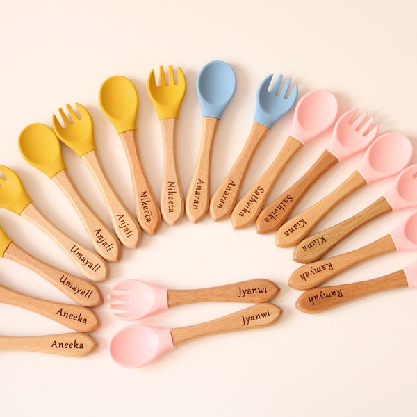 Personalised engraved beech wooden and silicone weaning Spoon, Fork, Cutlery set More colours available, weaning baby set