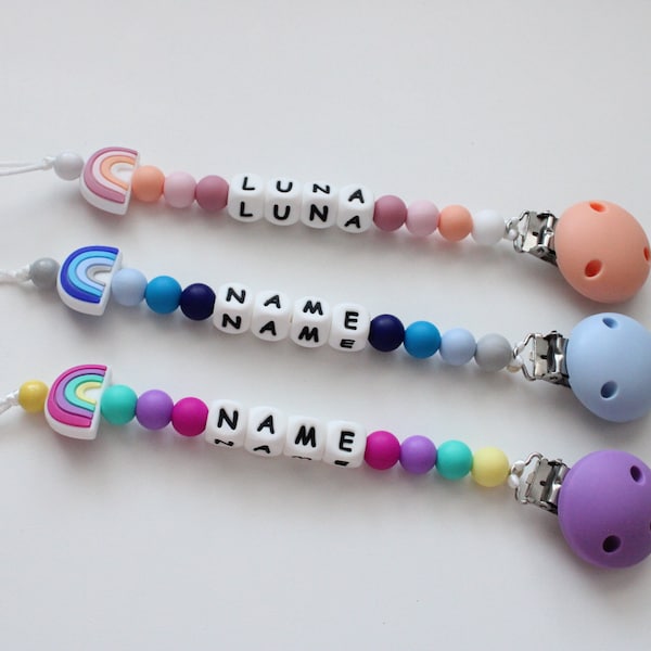 Personalised Dummy clip, Rainbow Dummy clip, Soother holder, Pacifier clip,Silicone Dummy clip, Dummy holder, Baby shower gift