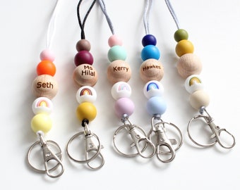 Personalised Engraved Rainbow Beaded Lanyard, teacher gift Breakaway Clasp
