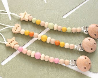 Personalised Dummy clip Natural Wooden Silicone Dummy holder Earthy colour Soother holder Pacifier clip
