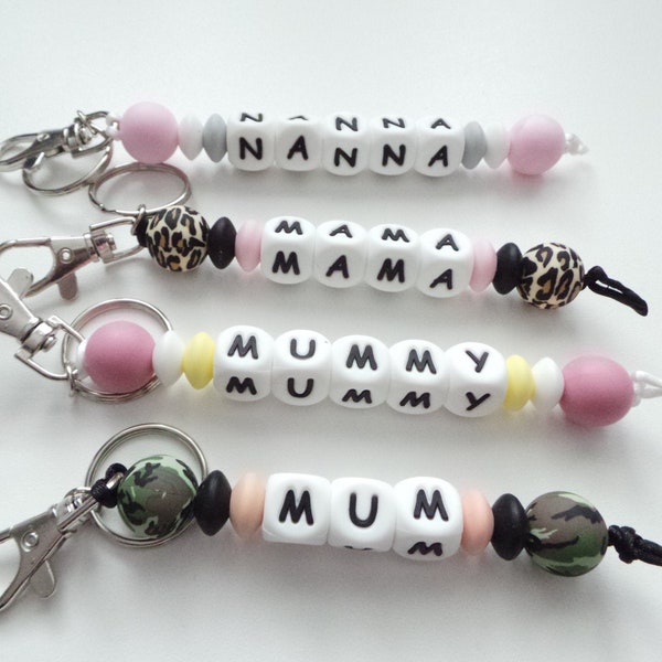 Personalised Key ring, Purse Charm, Diaper Bag Charm, Zipper Pull, Keyring,  Name tag, Bag tag , Beaded Keychain,Mum/ Nanna Silicone