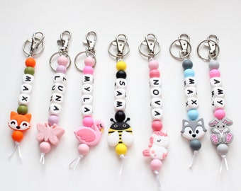 Personalised keyring, Back to school bag tag , beaded key chain, Zipper pull-up , kids party, Personalised Animal Theme name tag,