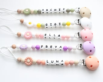 Personalised Floral Daisy Dummy clip, Soother holder, Pacifier clip, Silicone Dummy clip, Dummy holder, Baby shower gift