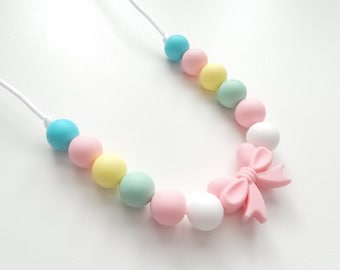 Kids Silicone Necklace: Pastel Rainbow with Pink Bow