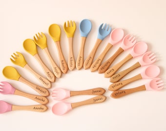 Personalised engraved beech wooden and silicone weaning Spoon, Fork, Cutlery set More colours available, weaning baby set