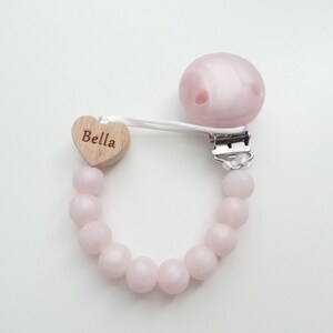 Personalisierter Herz Schnullerclip, gravierter Name, Schnullerhalter, Schnullerclip, Silikon Schnullerclip, Schnullerhalter, Baby-Duschegeschenk Pearl Pink