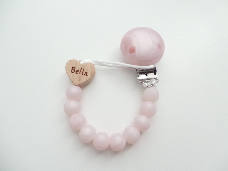 Personalisierter Herz Schnullerclip, gravierter Name, Schnullerhalter, Schnullerclip, Silikon Schnullerclip, Schnullerhalter, Baby-Duschegeschenk Pearl Pink