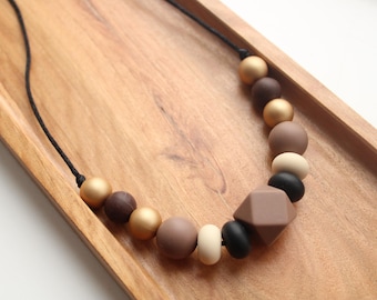 Silicone Nursing Necklace: Brown Peach Sensory Necklace
