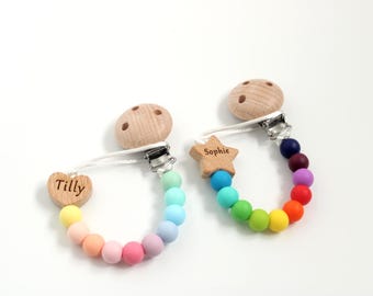 Personalised Rainbow Silicone Dummy Clip: Engraved Pacifier Holder