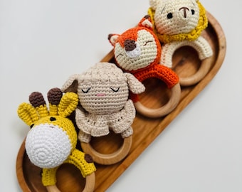 Personalised Crochet Animal Rattle Toy: Beech Wood Toy, Soft Newborn Gift