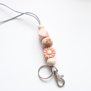 Personalised Floral Engraved Lanyard, Beaded Lanyard, Badge Holder, Breakaway Lanyard, Teacher Lanyard, Teacher Gift Peach