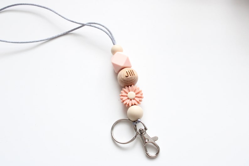 Personalised Floral Engraved Lanyard, Beaded Lanyard, Badge Holder, Breakaway Lanyard, Teacher Lanyard, Teacher Gift Peach