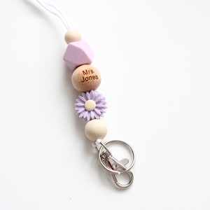 Personalised Floral Engraved Lanyard, Beaded Lanyard, Badge Holder, Breakaway Lanyard, Teacher Lanyard, Teacher Gift Lilac