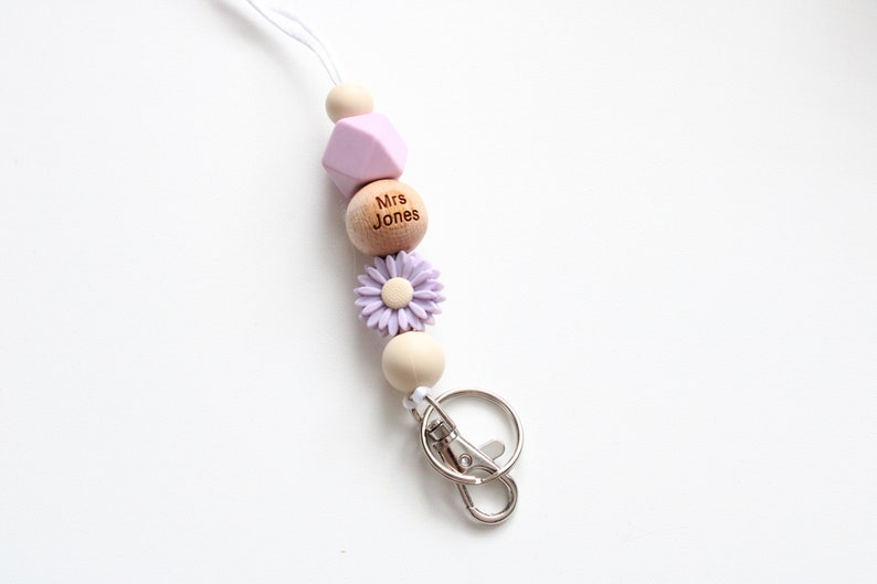 Personalised Floral Engraved Lanyard, Beaded Lanyard, Badge Holder, Breakaway Lanyard, Teacher Lanyard, Teacher Gift Lilac