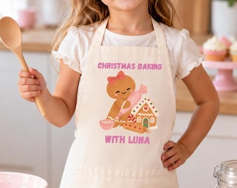 Personalised Christmas Baking Apron for Kids, Gingerbread Design, Fairtrade Cotton
