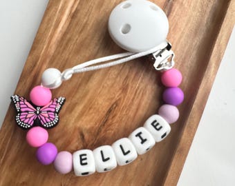 Personalised Pink Butterfly Dummy Clip, Silicone Soother Holder