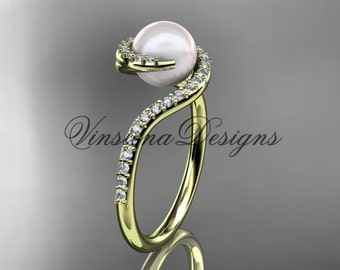 14K Yellow Gold Diamond pearl Engagement Ring Wedding Ring Anniversary Ring Unique Ring VP8199