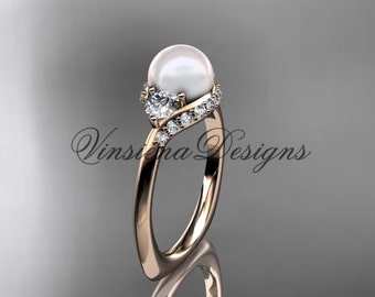 14K Rose Gold Unique Diamond Pearl Engagement moissanite Ring Wedding Ring Anniversary Ring VP8225