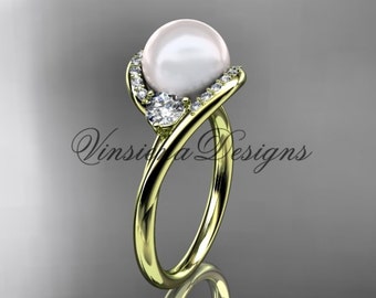 14K yellow gold diamond pearl moissanite engagement ring, unique wedding ring, anniversary ring, VP8166