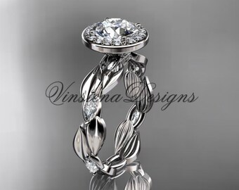 14k White Gold Leaf and Vine Engagement Ring "Forever One" Moissanite VD10076