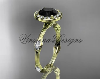 14k Yellow Gold Leaf and Vine Engagement Ring Black Diamond VD10075