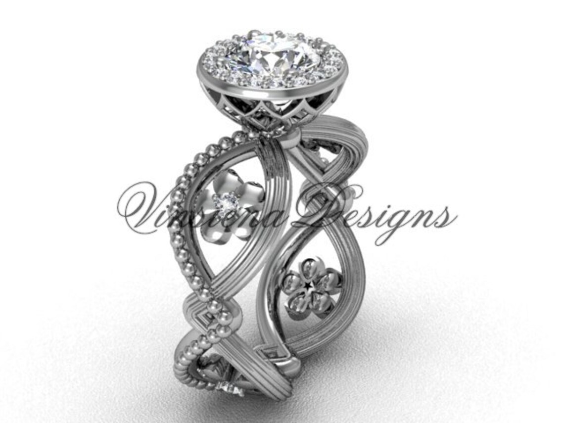 Flower Engagement Ring 14kt White Gold Flower Engagement Ring Etsy