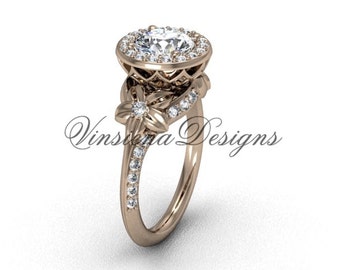 14K Rose Gold Leaf and Vine Flower Engagement Ring "Forever One" Moissanite