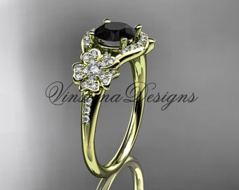 14K Yellow Gold Diamond Cherry Blossom Flower Sakura Engagement Ring Black Diamond Wedding Ring Anniversary Ring Unique Ring VD8091