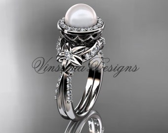 Pearl White Gold Flower Engagement Ring halo 14K White VFP301017