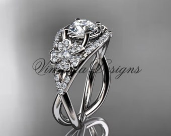 14K White Gold Diamond Cherry Blossom Flower Sakura moissanite Engagement Ring  "Forever One" Moissanite Anniversary Wedding VD8088