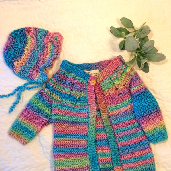 Handmade, crocheted , little girls sweater, 3 to 4 years old, country cabled cardigan, 2pc, with bonnet