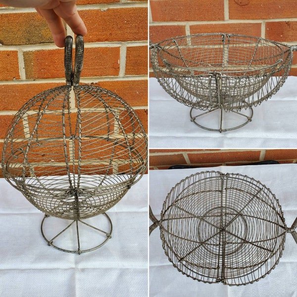 Vintage French Egg Basket - Wire Orb Sphere Ball Storage or Collection Device - Country Farmhouse Decor - Antique Kitchen Kitsch