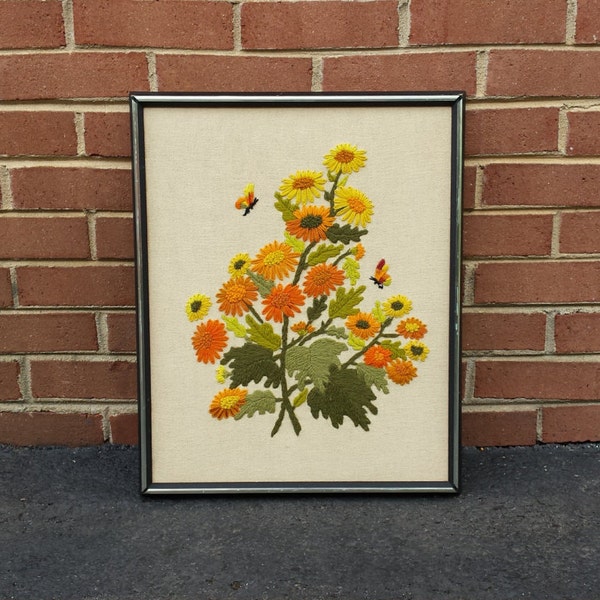 Vintage 1970s Crewel Needlepoint - Retro Framed Flower Bouquet Butterfly - Orange Yellow Green - Hippie Wall Art Spring Summer Fall Autumn