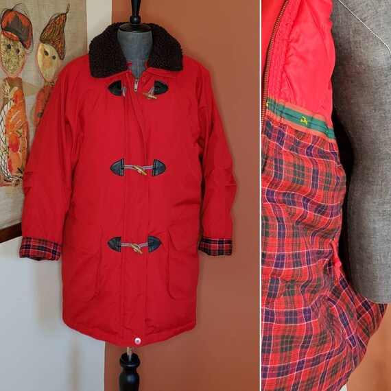 Vintage 1980s London Fog Red Feather Parka/Jacket/Coat - Size M-L - Puffy, Chubby, Removable Collar - Zipper, Toggle Buttons, Plaid Lining