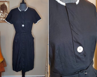 Vintage 1950s Black Linen Pencil Dress, Size S-M - Pockets, Belt, Hidden Buttons - Tailor Town brand, Pure Irish Linen