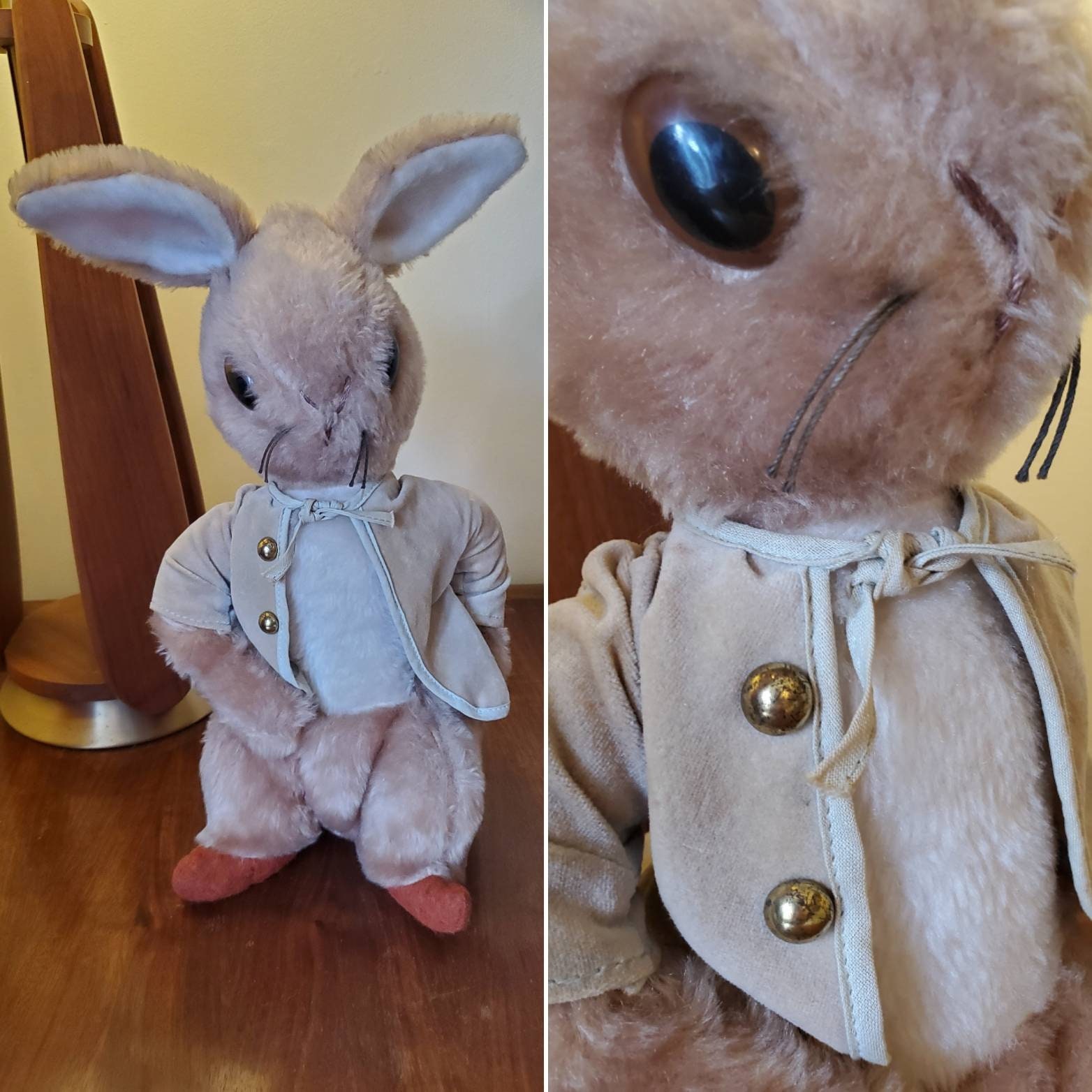 Vintage Rabbit Stuffed Animal Glass Pink Eyes Dress Mr. Rabbit W/ - Ruby  Lane