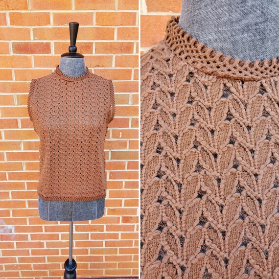 1950s Brown Open Knit Shell Top or Sleeveless Swea