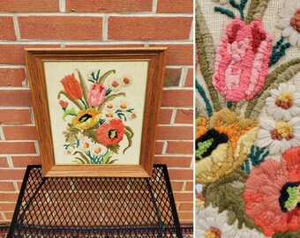 Vintage 1970s Large Crewel Needlepoint Flower Bouquet, 17"T x 14"W. Boho Hippie Wall Art. Spring Summer Fall Autumn.