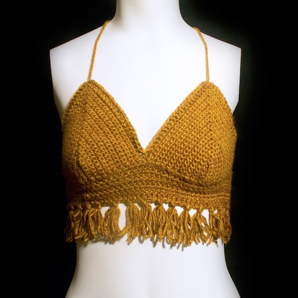 Brown Crochet Top with Fringe (Women's S/M) // boho, hippie, festival fashion, bikini top, bralette, crochet top, summer, beach, neutral