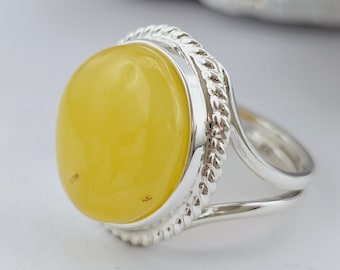 Anillo ajustable de ámbar báltico en plata de ley, ámbar amarillo, hecho a mano, plata 925, joyería marina.