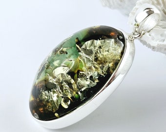 Huge Shiny Celadon Amber Pendant, Natural Baltic Amber And Silver, Genuine Amber Jewelry, Amber Stone, Gift, Pendant, unique blue pendant