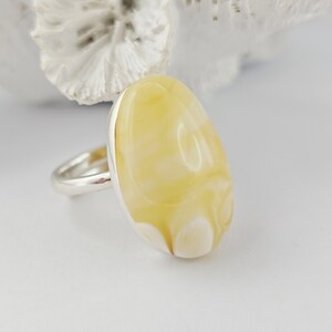 Unique Elegant Huge White Natural Baltic Amber Ring, White Amber Ring, Amber And Sterling Silver Ring, Baltic Amber Jewelry