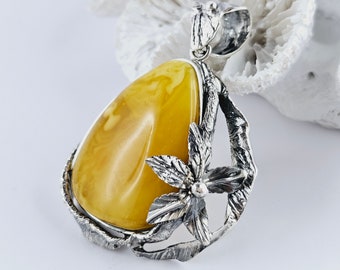 Butterscotch Baltic Amber Pendant, Sterling Silver Flower, Handmade Jewelry, 925 Silver, Sea Jewelry,