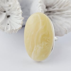 Unique Elegant Huge White Natural Baltic Amber Ring, White Amber Ring, Amber And Sterling Silver Ring, Baltic Amber Jewelry