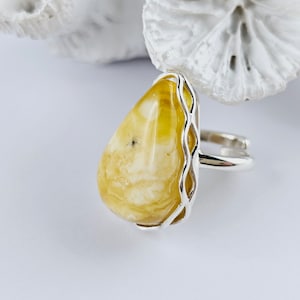 Unusual Natural Baltic Amber Ring, White Amber Ring, Amber And Sterling Silver Ring, Baltic Amber Jewelry, Amber Gift For Her, White Amber
