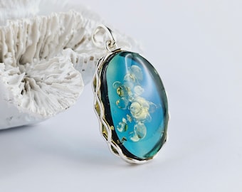 Shiny Blue Amber Pendant, Natural Baltic Amber And Silver, Genuine Amber Jewelry, Amber Stone, Gift for her, Pendant, unique blue pendant