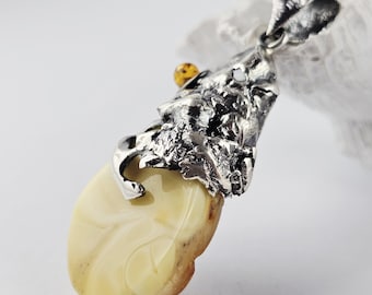 Handmade Baltic Amber Pendant, Sterling Silver, White Yellow Landscape, 925 Silver, Sea Jewelry,