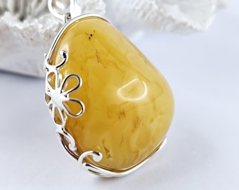 Butterscotch Baltic Amber Pendant, Sterling Silver Floral Drop, 925 Silver, Sea Jewelry,